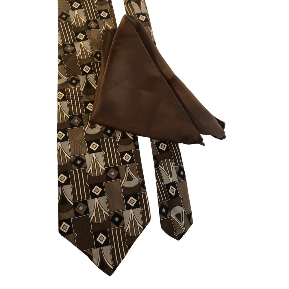 Don Loper Brown Geometric Silk Tie and Solid Pocket Square USA Office Formal